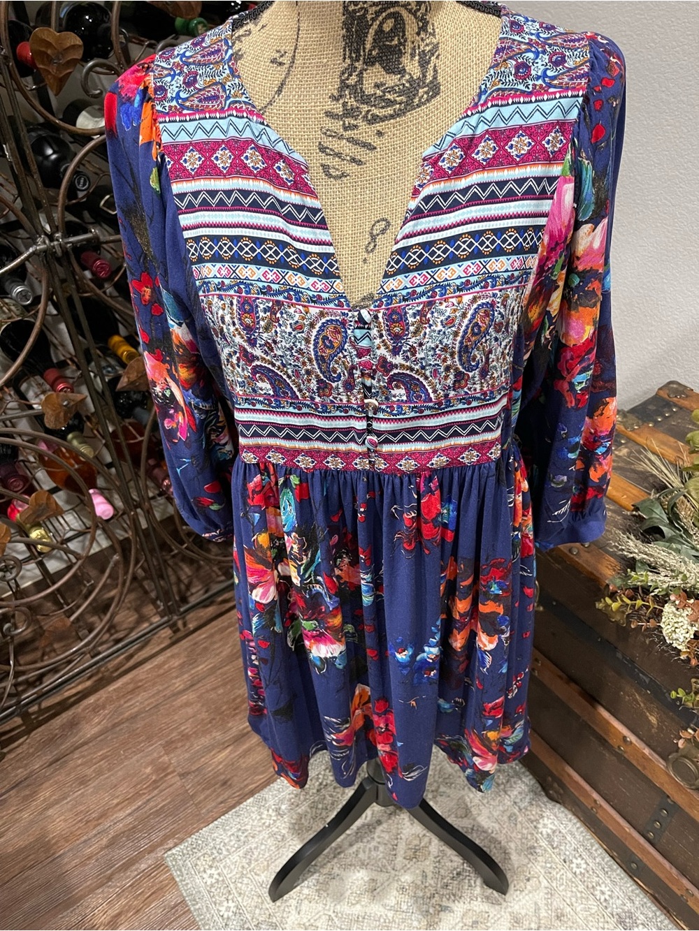 Umgee Boho Floral V-Neck Smocked Waist Dress in Navy - Picture 3 of 9
